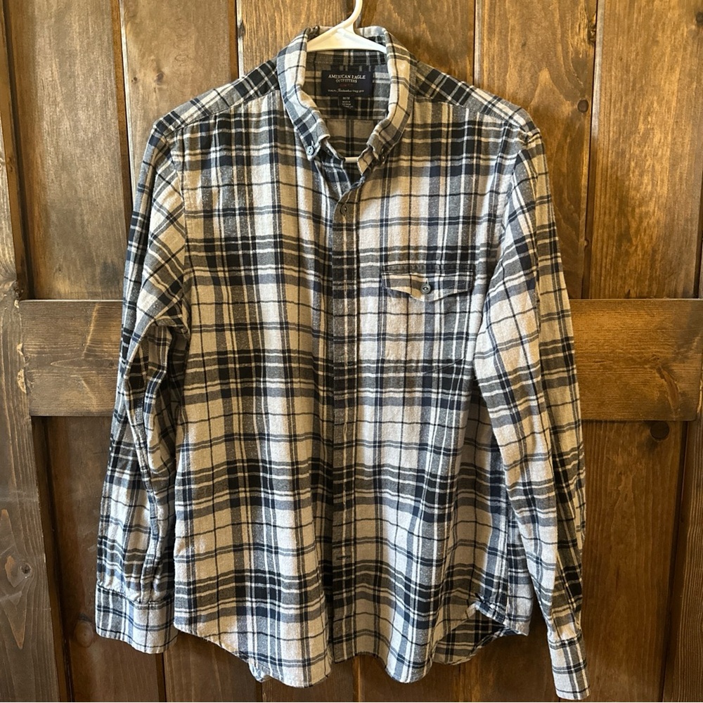 Mens American Eagle Plaid Gray Black Blue Button Down Shirt M Slim Fit